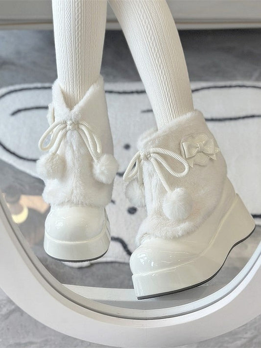 Lolita Bows Sweet Slip-On Ankle Round-Toe White Boots with Decor Pompon Accents