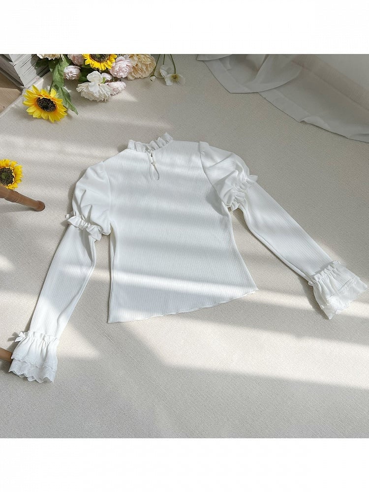 Long Sleeve Lolita Knit Top in White with Stand Collar & Ruffle Detail - With PUJI