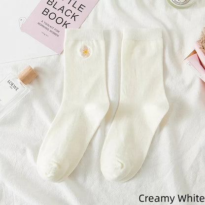 White/Black/Creamy Embroidery Cute White Cotton Sakura Socks