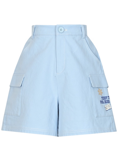 Blue High Waist Wide-leg Casual Shorts