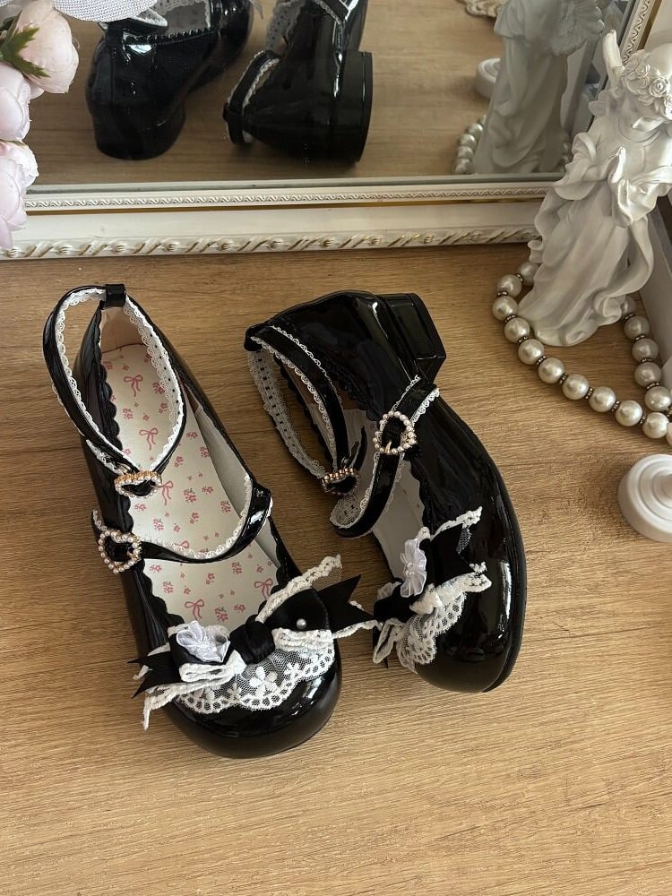 Elegant Lace Bow Round Toe Pumps - 2.5cm Low Heels - Blossoms