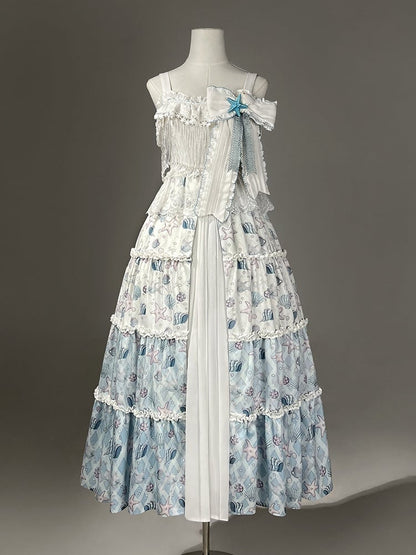 Blaues Lolita-Muschelkleid mit weißem Meeresdruck und Seesternen