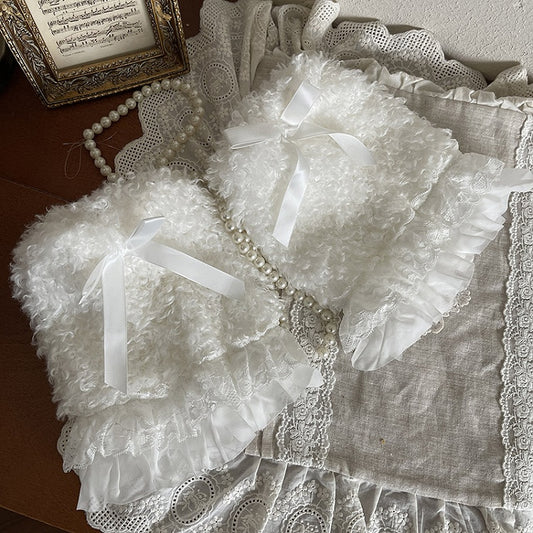 Trim with Leg Warmers Plush Lace Curly Bow White/Black Decoration