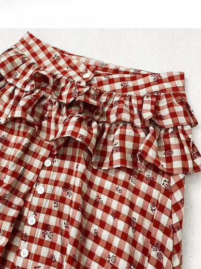 Pattern Twist Thigh-high High-low Shirt Floral Slit + Skirt Details Red Print Plaid