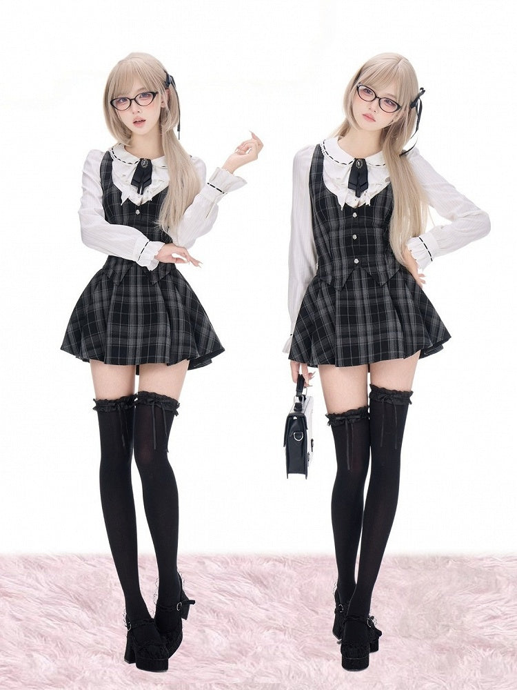 Preppy White Ruffled Peter Pan Collar Long Sleeve Shirt with Bow Tie - serendipity