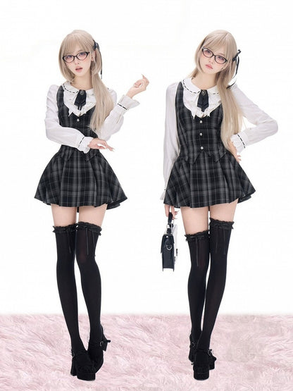 Preppy White Ruffled Peter Pan Collar Long Sleeve Shirt with Bow Tie - serendipity