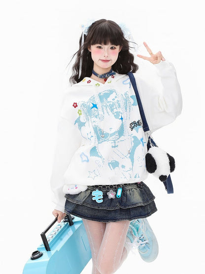 Hoodie White/Pink Lace and Girl Cartoon Winged Print Drawstrings with