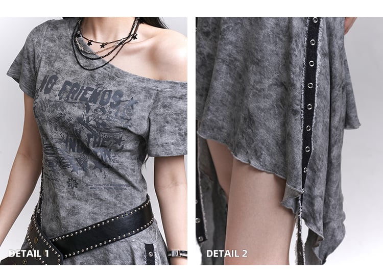 Belt Asymmetrical Neckline Cascading Ruffles Gray/Black Dress with Tie Dye Waist