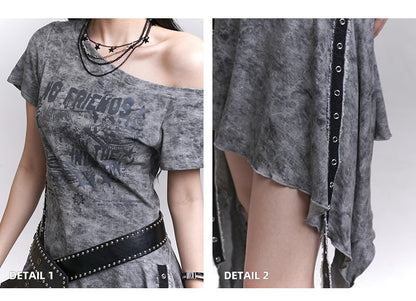 Belt Asymmetrical Neckline Cascading Ruffles Gray/Black Dress with Tie Dye Waist