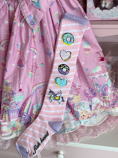 Over Striped Knee Donut Unicorn Pattern Print Lolita Pink/Yellow/Blue/Purple Stockings