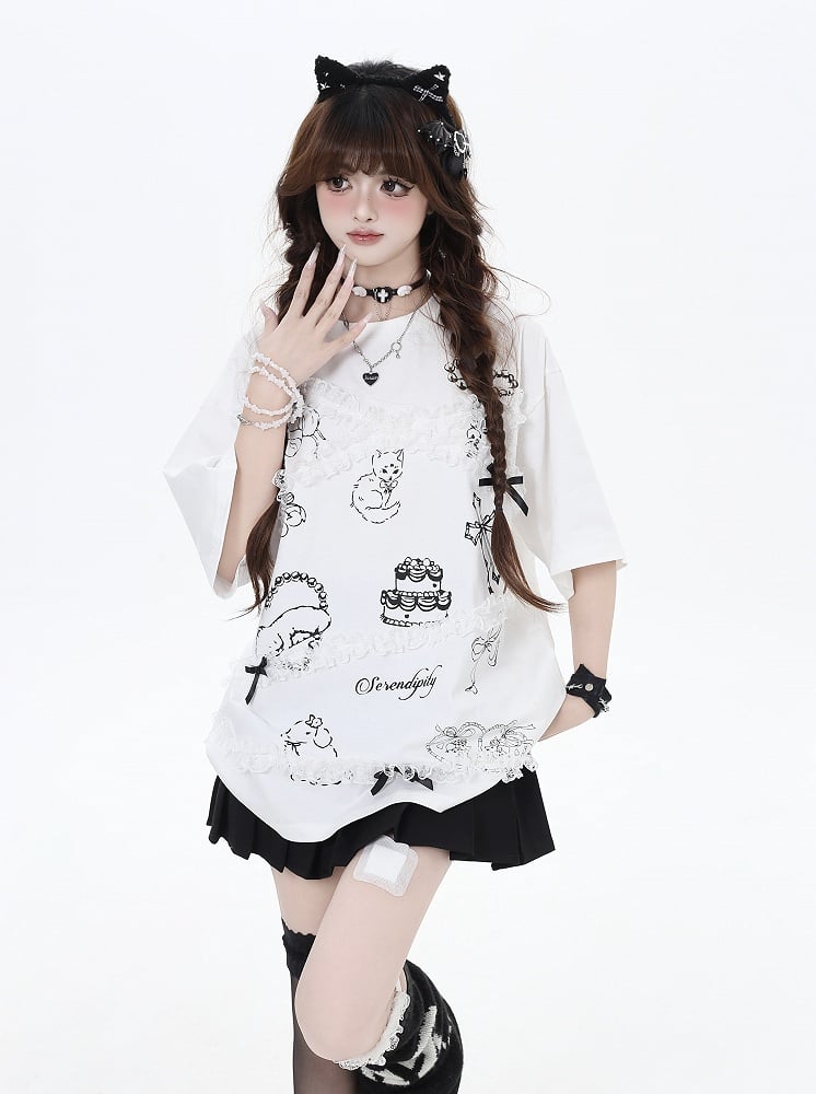 Lace Trim T-Shirt Neck Loose Black/White Cartoon Print Bittersweet Round