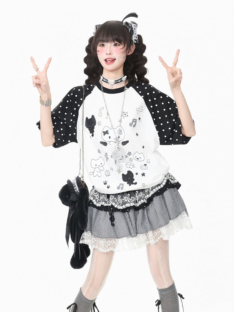 White Crew Neck Short Sleeve T-shirt with Kitten & Polka Dot - Languid Park