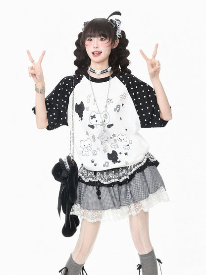 White Crew Neck Short Sleeve T-shirt with Kitten & Polka Dot - Languid Park