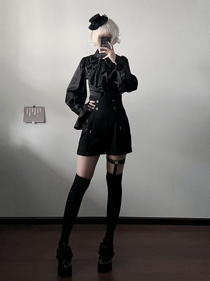 王子袖ロリータロングシャツ（蝶ネクタイ付き）ジャボ（黒）