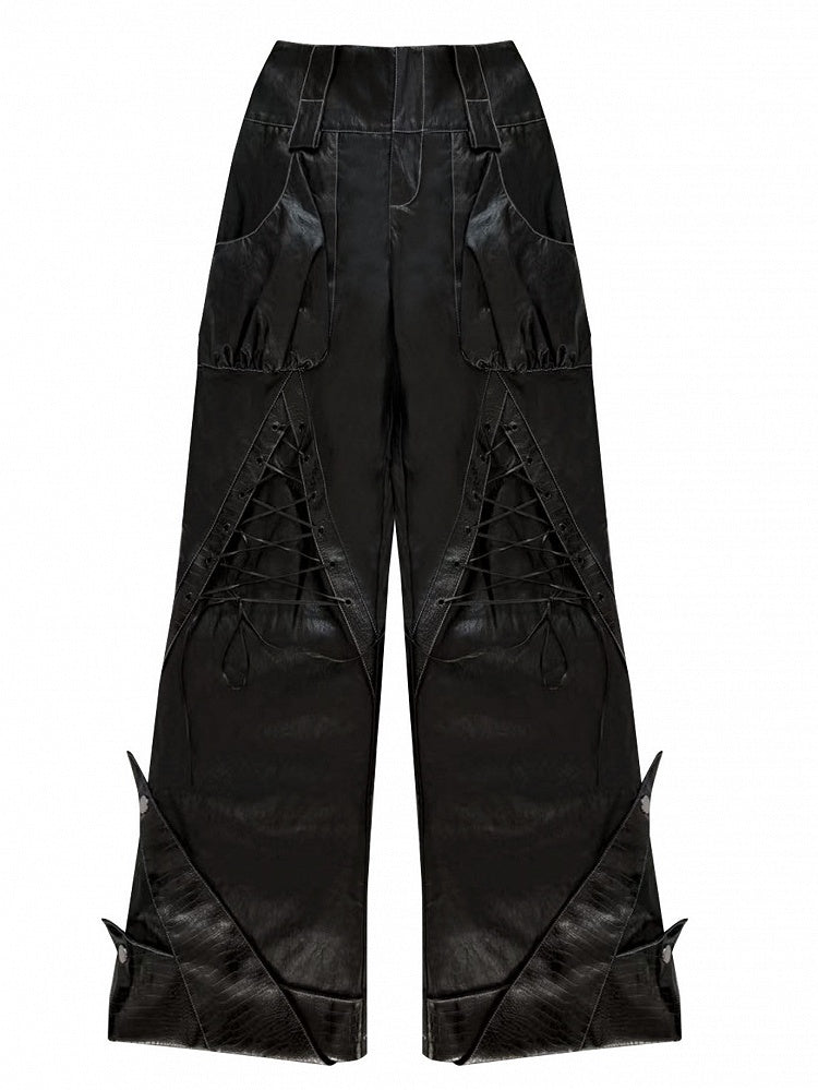 PU Punk Rock Black with Lace-Up Details Pants