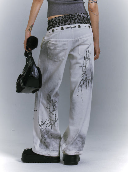 White Leopard Punk Jeans Print with Waistband Vintage Distressed Botanical