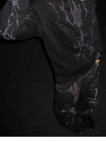 Sleeves Y2K Print Top Black Long Punk