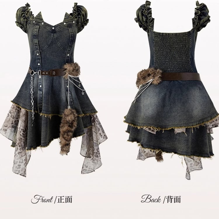 Mode mit blauen Puffärmeln Jeanskleid Leopardengürtel Patchwork Plus Size Gyaru Taille