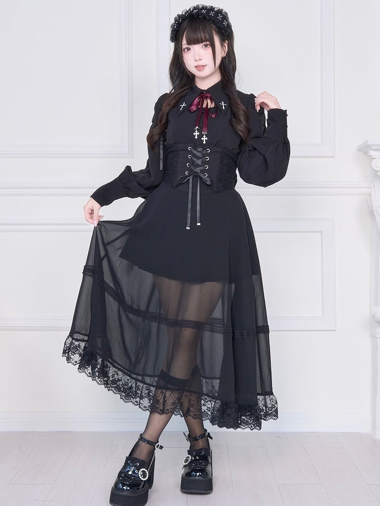 Lace-Up Black Kei Long Sleeve Blouse Jirai with Back Striking