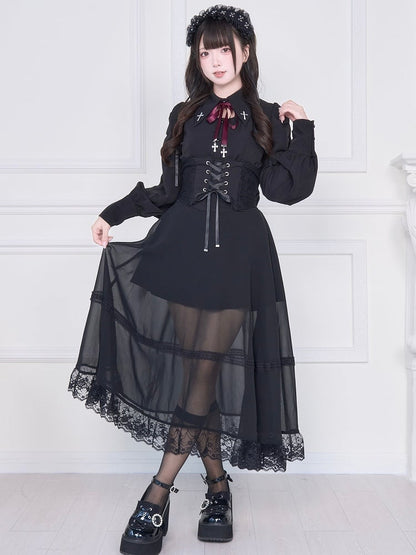 Kei Mesh Skirt with Black Overlay Corset Jirai Waist High Lacing Long