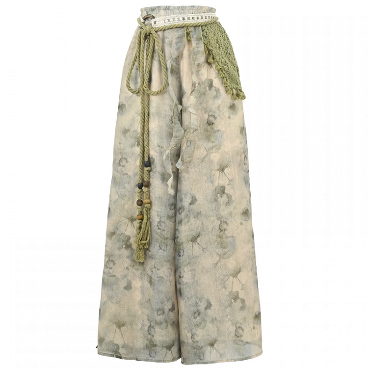 Dye Wide-Leg Pants Mori Kei Green Tie Accessory Regular/Short Detachable Version with Knitted