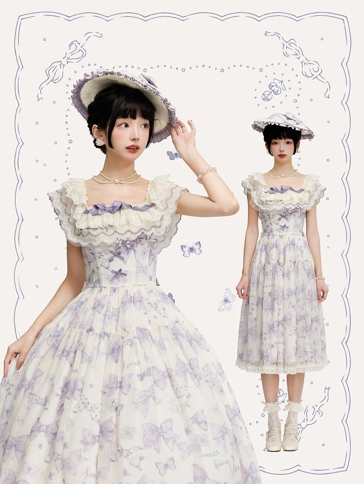 Purple Bows and Butterfly Lolita Dress Two Ways Wear Neckline