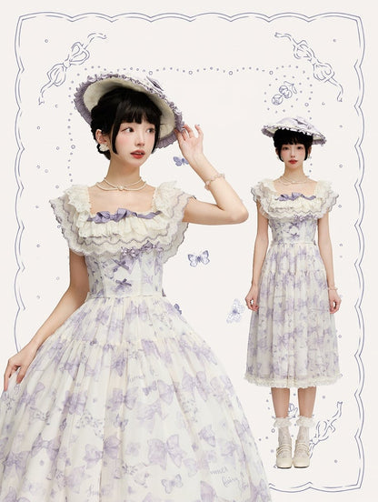 Purple Bows and Butterfly Lolita Dress Two Ways Wear Neckline