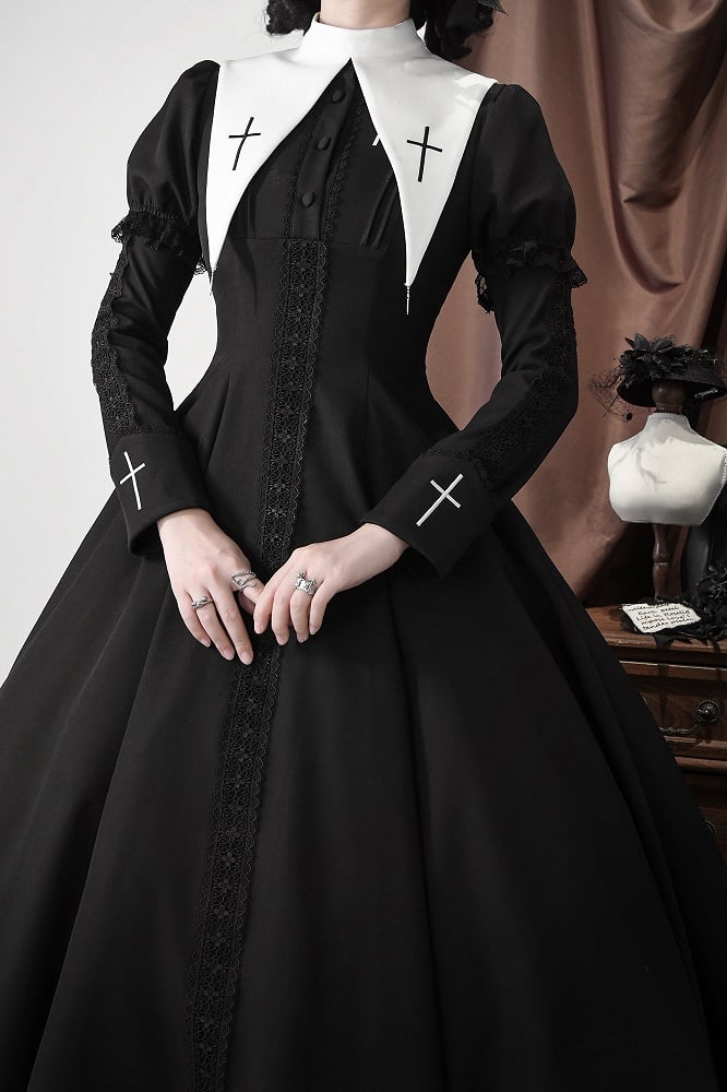 with Lolita Short Cross Nun Lace Sleeves Embroidery Black Trimmed Dress