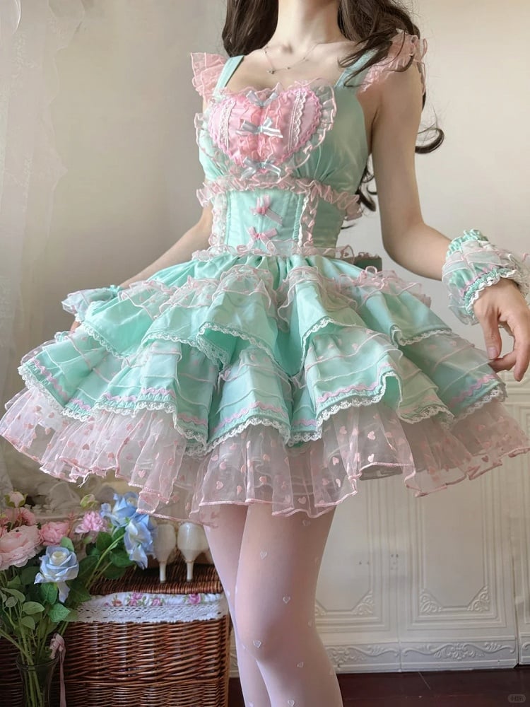 Lolita Dress Sweet Polka-dot Green Pink Heart Pattern Ruffled Heart Front Mint