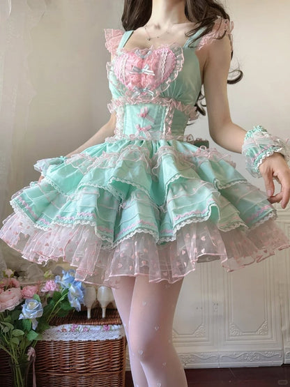 Lolita Dress Sweet Polka-dot Green Pink Heart Pattern Ruffled Heart Front Mint