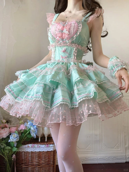 Lolita Dress Sweet Polka-dot Green Pink Heart Pattern Ruffled Heart Front Mint