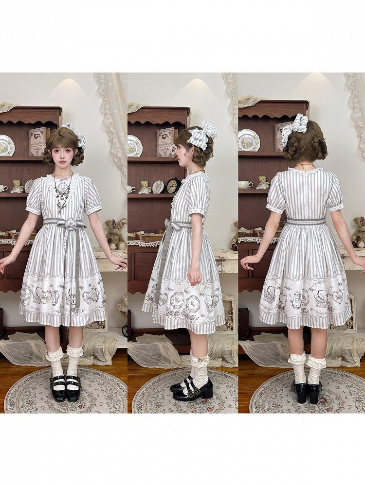 Classic Lolita Antique Porcelain Print and Embroidery OP Dress in Blue and Gray with Striped Pattern - Birds Diary