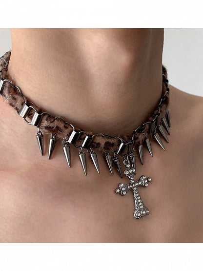 Leopard Print Punk Choker with Spikes & Cross - YSHXS
