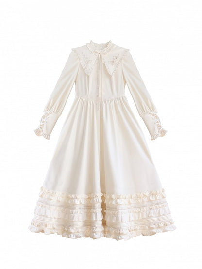 with Floral Cuffs Leg-of-Mutton Collar Vintage Sleeves Apricot Dress Lace-up Embroidery