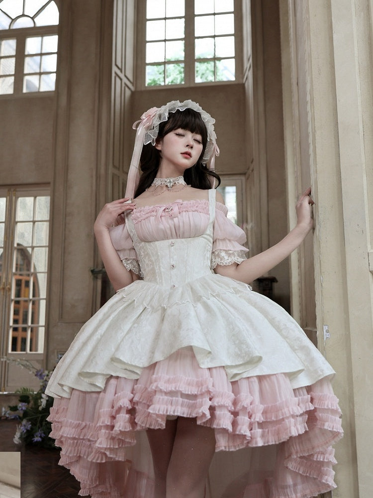 Gothic Underbust JSK Dress with Off-Shoulder Blouse, Pink & White, High-Low Skirt - Sheer Ocean