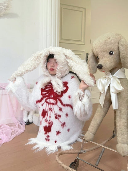 Chime Jacquard and Wind Cozy White Fuzzy Sweater with Distress Trim and Bow