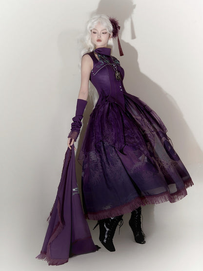 Purple Gothic Snake Bones Embroidery Sleeveless Top