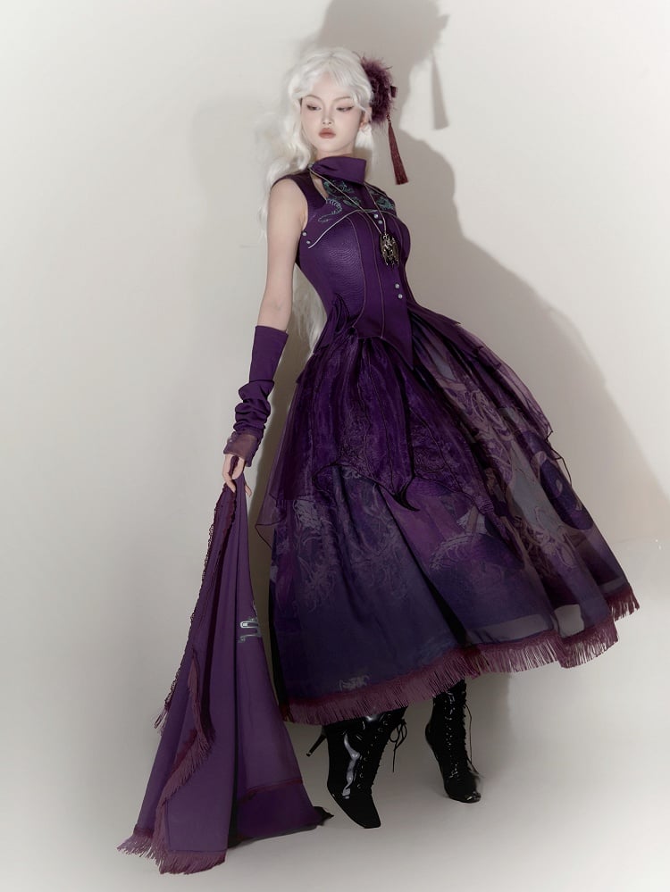 不規則な刺繍オーバーレイ付きパープルスネークプリントロリータスカート