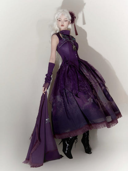 不規則な刺繍オーバーレイ付きパープルスネークプリントロリータスカート