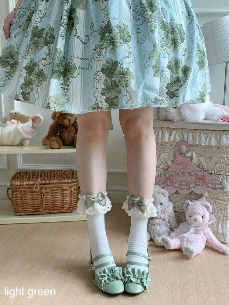 Beige Ankle Socks with Bowknot & Lace Trim, 10 Colors - ROJI ROJI
