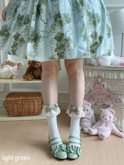 Beige Ankle Socks with Bowknot & Lace Trim, 10 Colors - ROJI ROJI