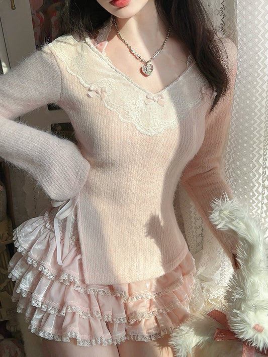 Pink Knit Sweater With Bow Accents and Playful Ribbon Detail Lace-Trimmed V-Neck