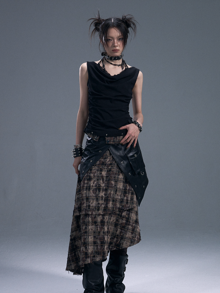 Accents Faux Lace Knit Vest Halter Two-Piece Punk With Black Stud