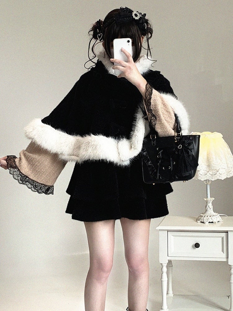 Hooded Colors Faux Jirai Fur with Bow Kitty Decor Detachable Kei Trim 3 Ear Cape