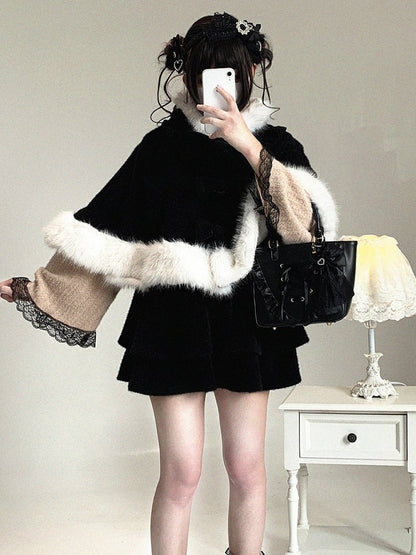 Hooded Colors Faux Jirai Fur with Bow Kitty Decor Detachable Kei Trim 3 Ear Cape