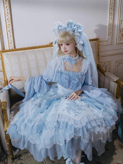 Dress Blue Accents Lolita Version JSK Rose Short Hanayome Layered Ruffles Flowing Light with