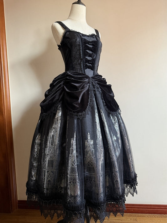 and Gothic Cathedral Waist Drapery JSK Dress Lolita with Velvet Black Print