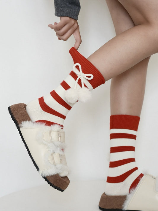 Decorations Calf White Striped with Pattern Pom-Pom and Socks Red