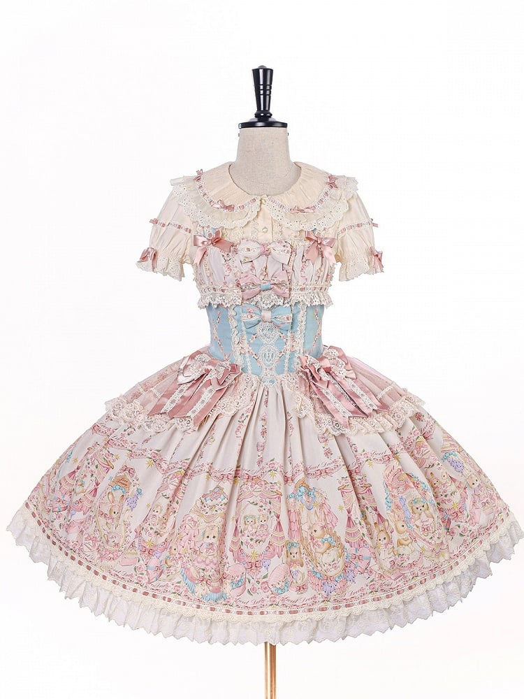 Doll Theme JSK Dress in Blue & Pink with Bow Accents, Lolita Style - Alice Girl
