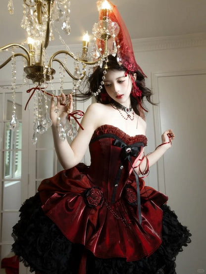 Lolita Bouquet Strapless Boned Red Gothic Hem with Black Rose Dress